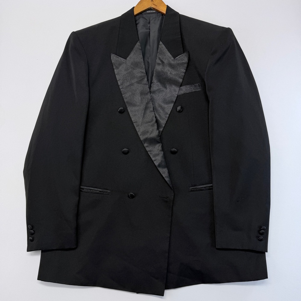 Vittorio St Angelo Mens Black Double Breasted Satin Peak Lapel Tuxedo Jacket 46R